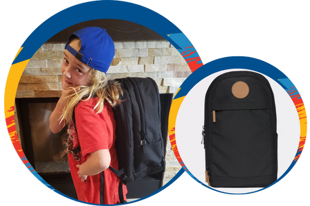 photo collage of a young kid with the back pack, view from the side and a front picture of the backpack